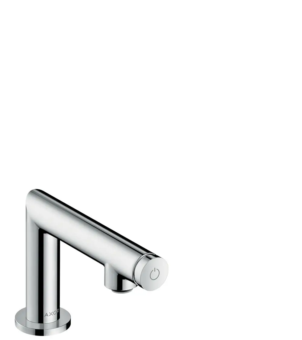 Ein AXOR-Wasserhahn mit geradem Auslauf und einem runden Bedienelement. Die Oberfläche ist glänzend und reflektiert Licht.